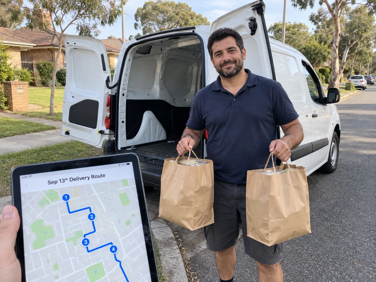 Delivery driver holding meal bags beside a van, with an automated route shown on a tablet in the foreground.